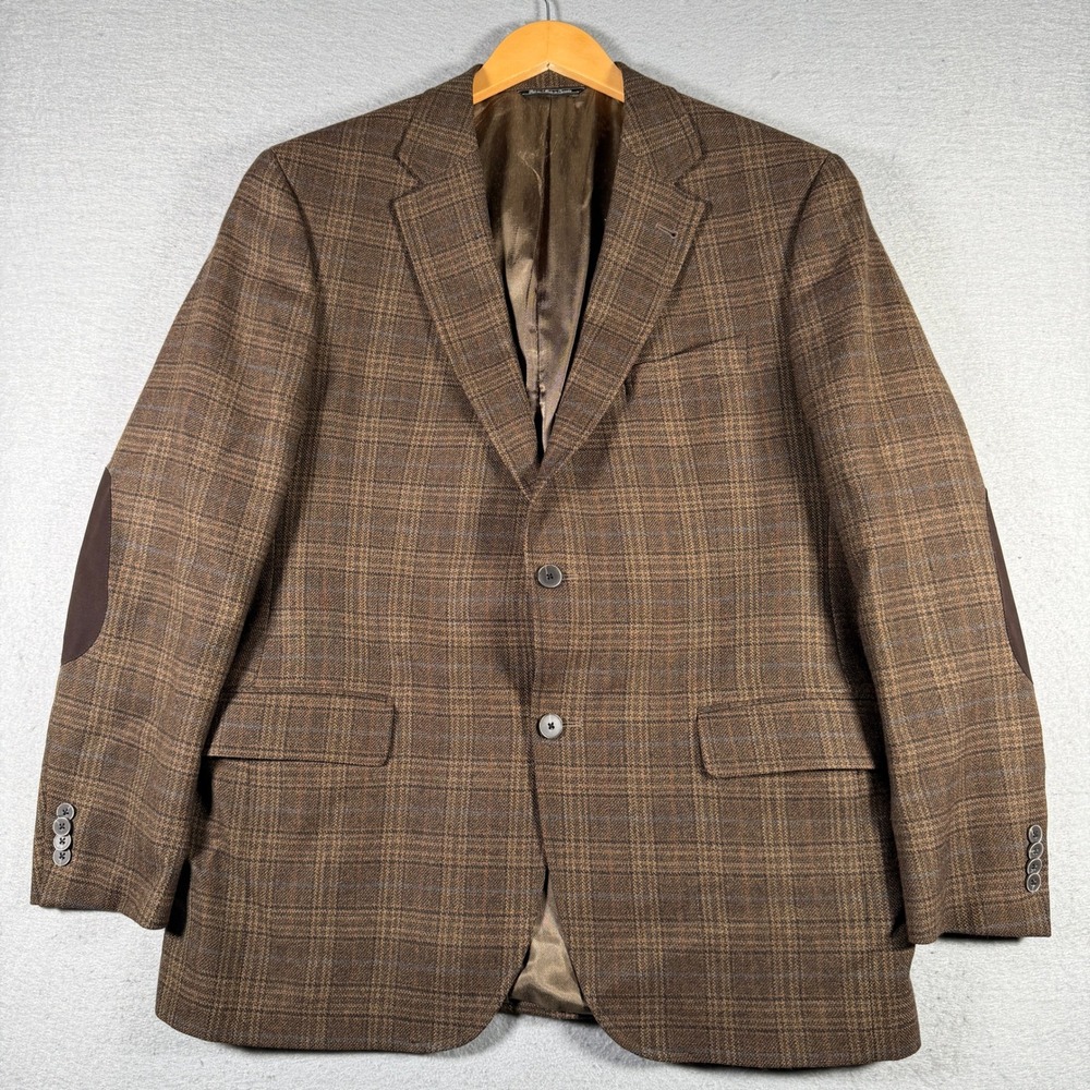 Saks Fifth Avenue BLACK Mens 44R Brown Wool Plaid Blazer Elbow Patches Canada